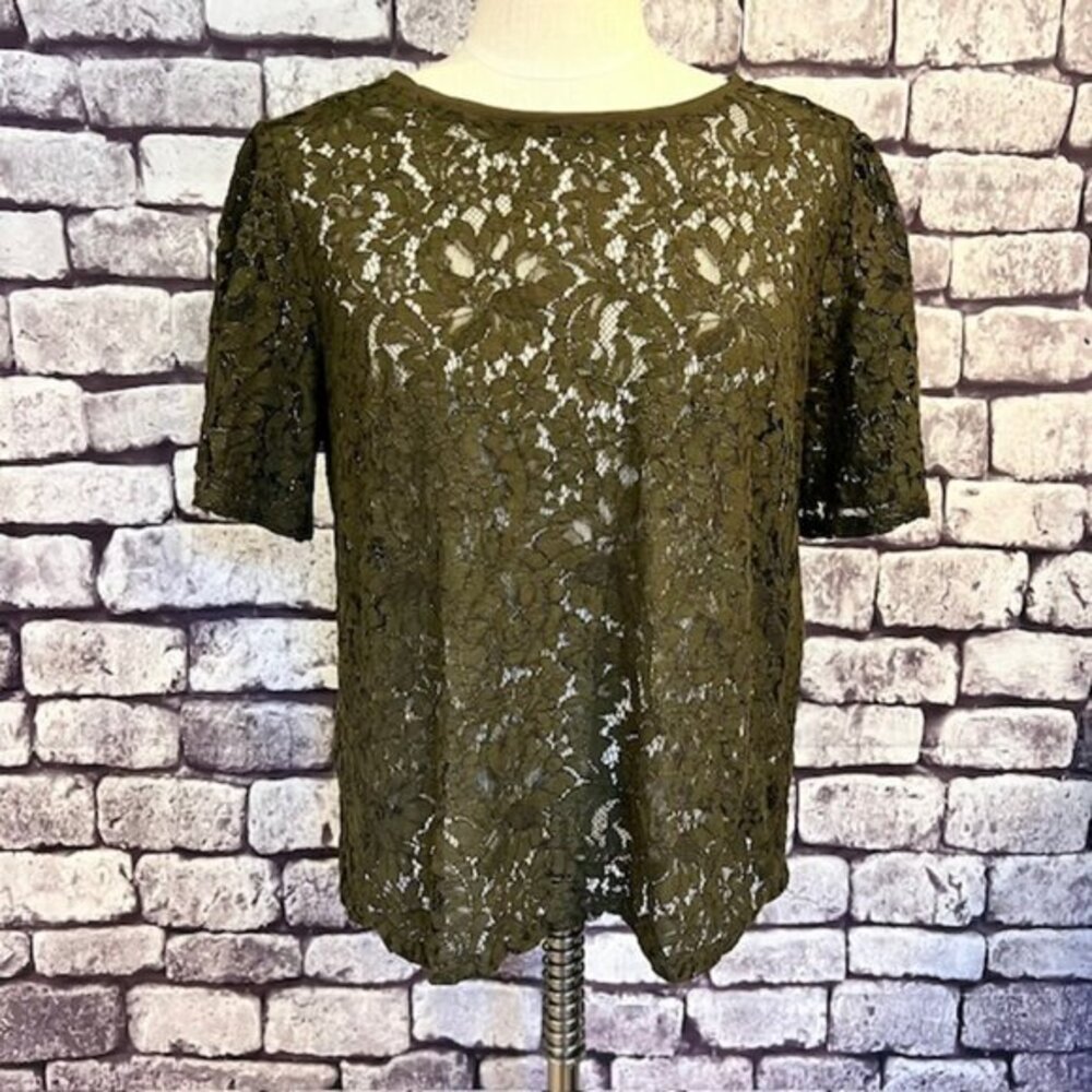 Chico's Green Sheer Lace Short Sleeve Blouse Size M